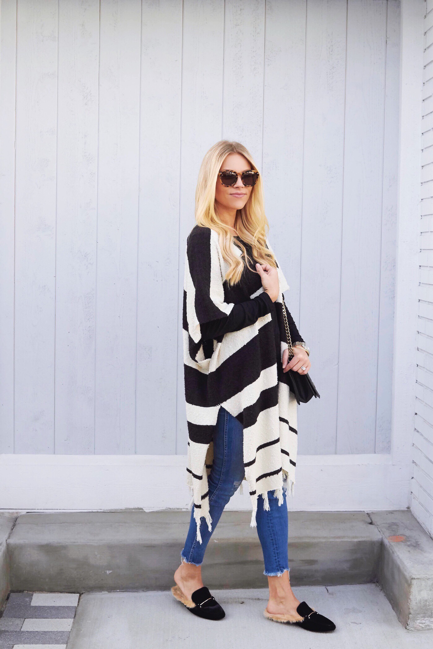 black and white stripe poncho